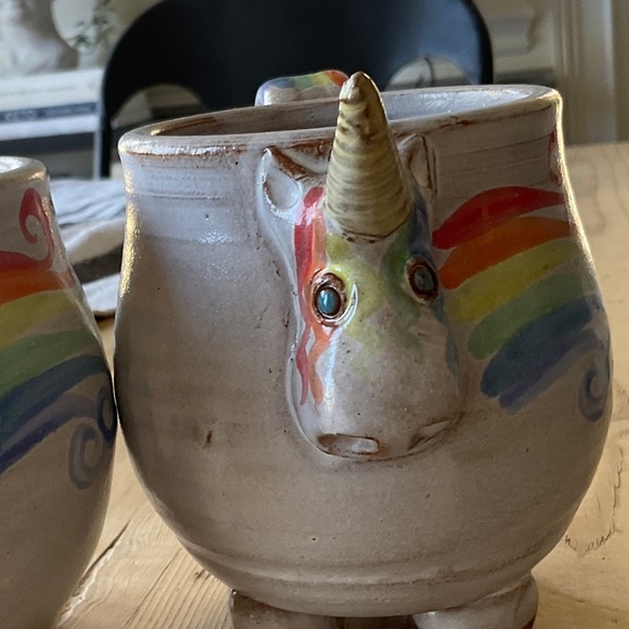 Mudworks Elwood the Rainbow Unicorn Mugs (2) Hand Thrown Pottery Footed USA Made - Picture 11 of 12